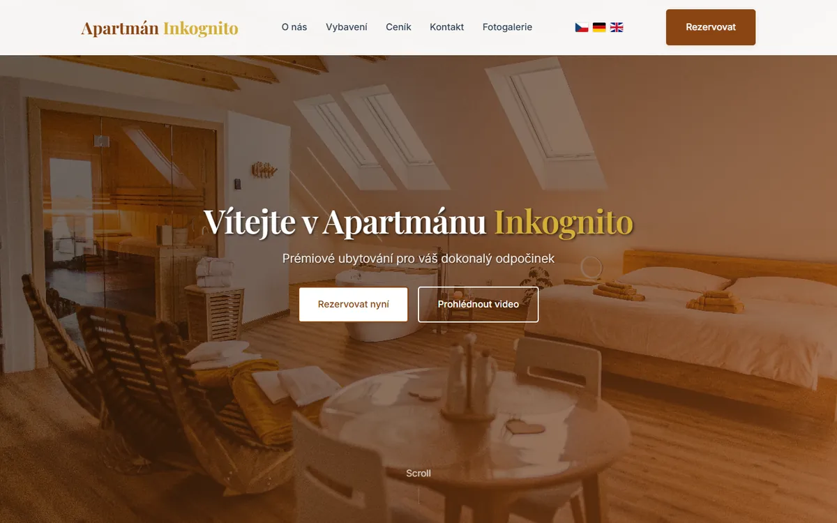 Úvodní stránka webu Apartmán Inkognito
